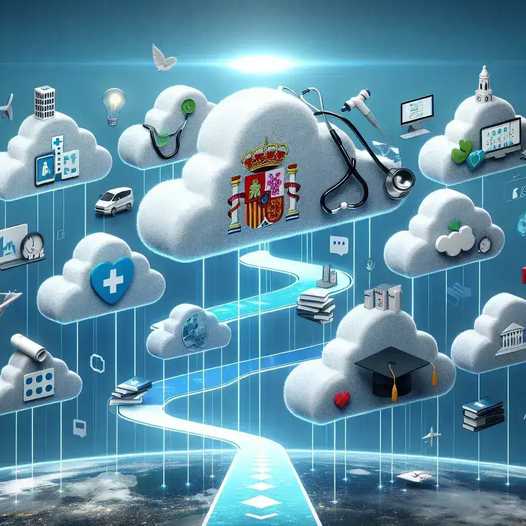 "Imagen del sistema de nube pública española, destacando su avance en la gestión de datos sanitarios y educativos, con gráficos y estadísticas sobre el uso eficiente de la tecnología en el sector público."