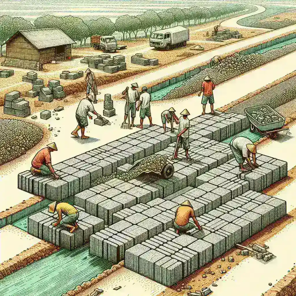"Máquina innovadora transformando residuos plásticos en bloques de pavimento para infraestructura rural, destacando la tecnología de fabricación sostenible en el artículo sobre fabricación de pavimento a partir de plástico reciclado."